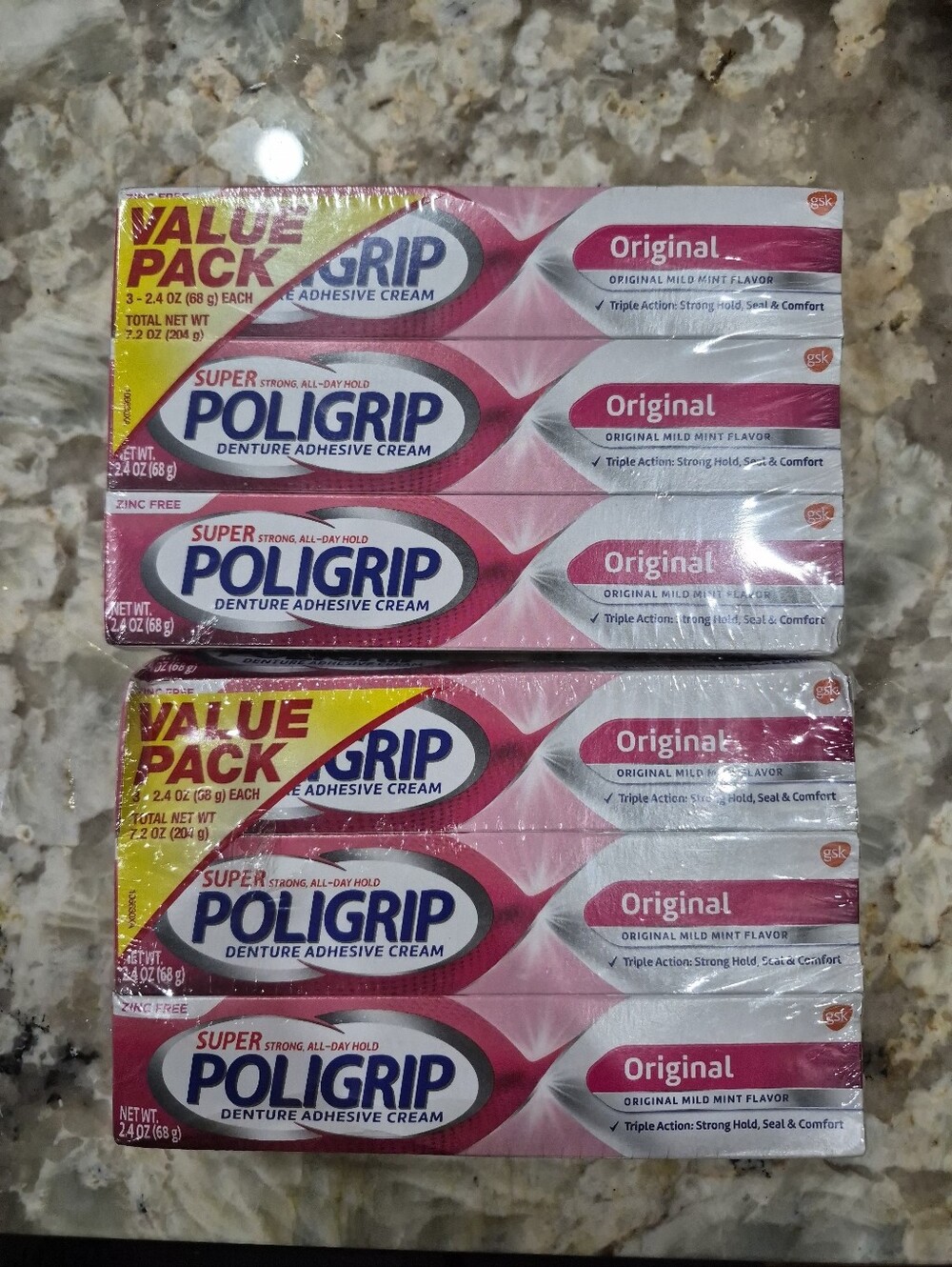 New Super Poligrip Original Denture Adhesive Cream Lot Of Six Tubes